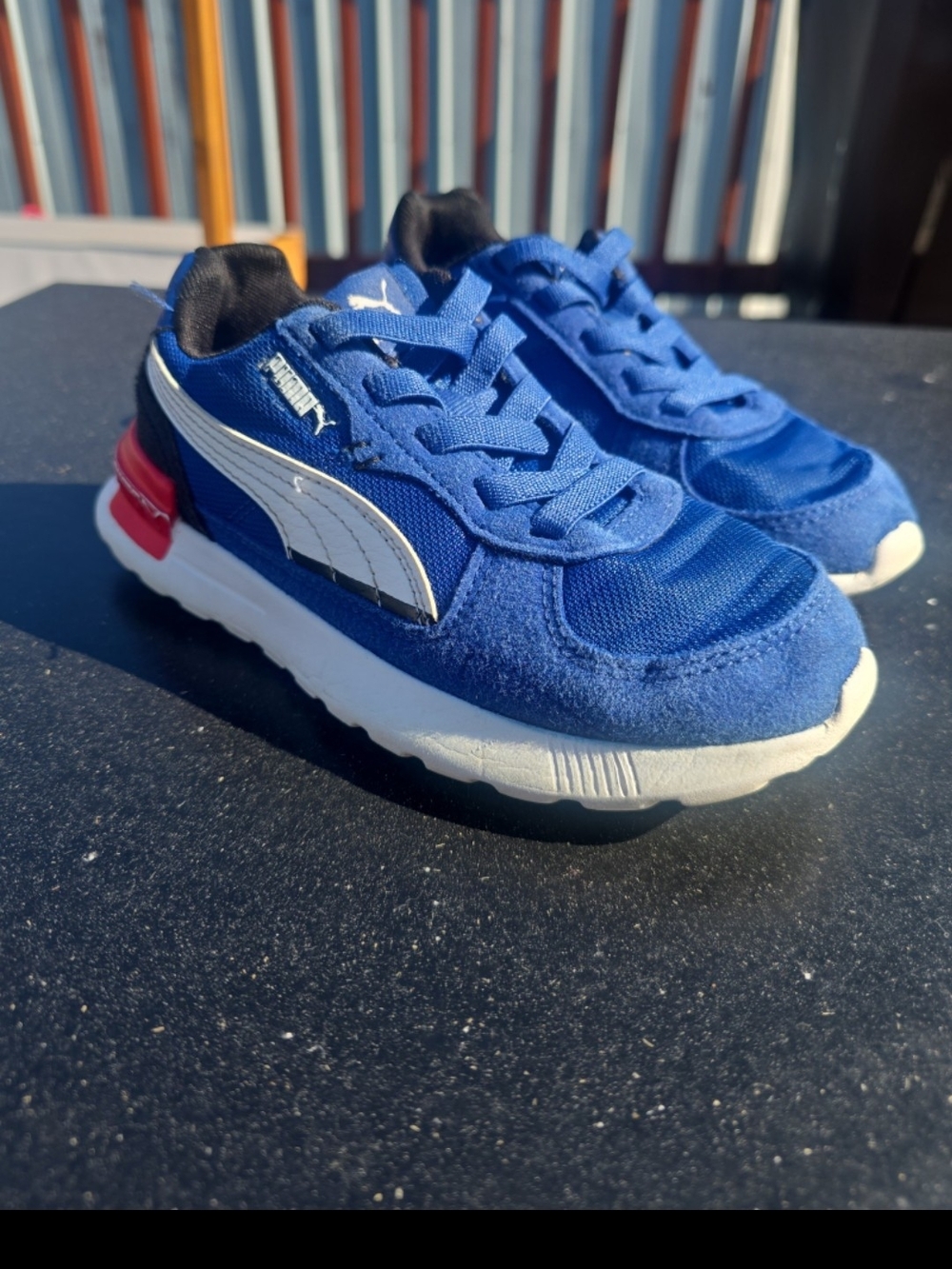 Puma Kids Blue Suede & Mesh Sneakers with White Stripe and Red Heel Accent